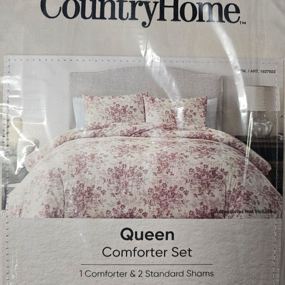 NIP Country Home Queen Comforter Set - Rosewood Rose & White Floral